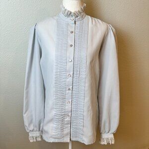 Vtg 70s Gailord Victorian Lace Secretary Blouse | Gray Ruffle Bishop Sleeve